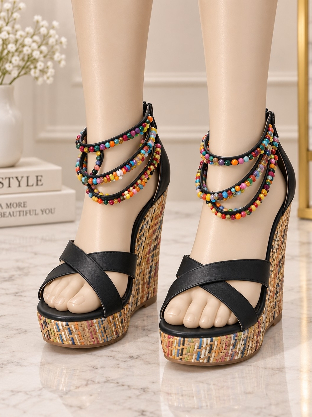 Women's Black Wedge Sandals with Multicolor Beaded Straps